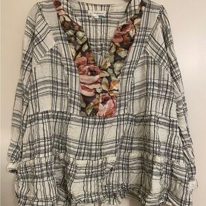 Anthropologie Plaid Blouse with Floral Shimmery Accent